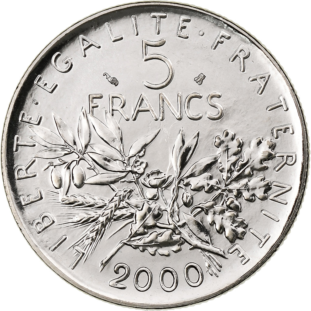 Francja, 5 Francs, Semeuse, 2000, Pessac, Miedzionikiel, MS(63), Gadoury:771