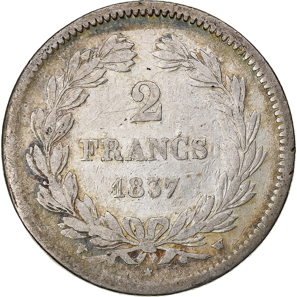 Francia, Louis-Philippe, 2 Francs, 1837, Lille, Plata, BC+, Gadoury:520