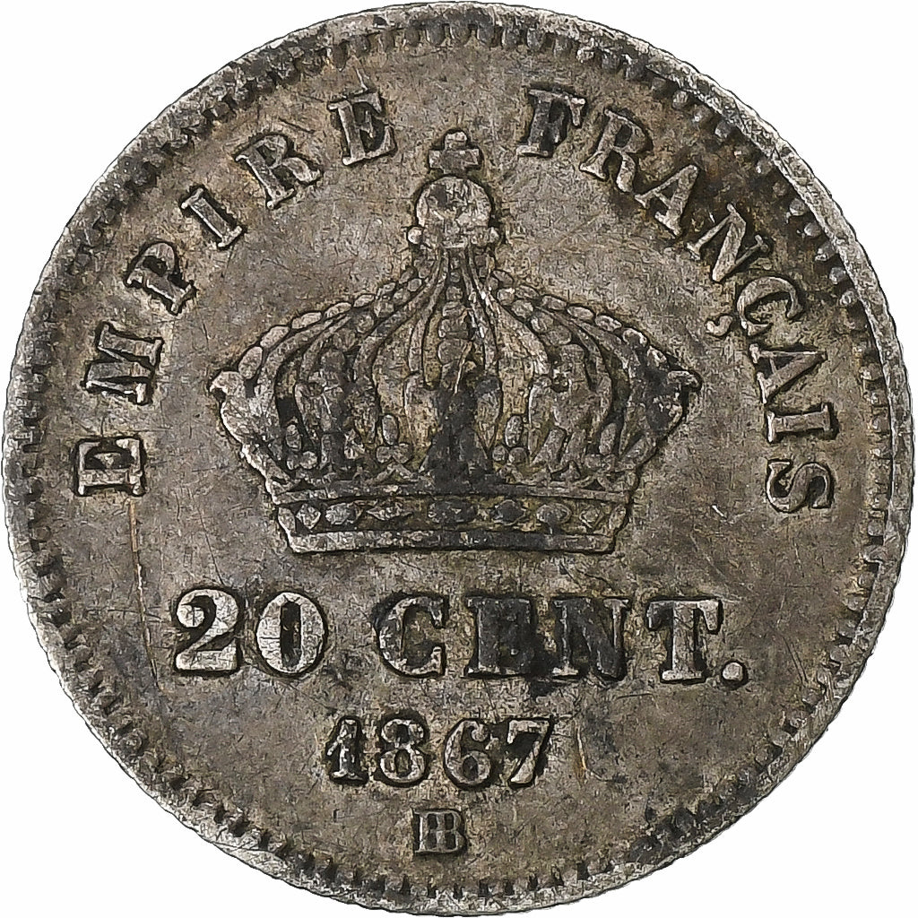 Frankrijk, Napoleon III, 20 Centimes, 1867, Strasbourg, Zilver, FR