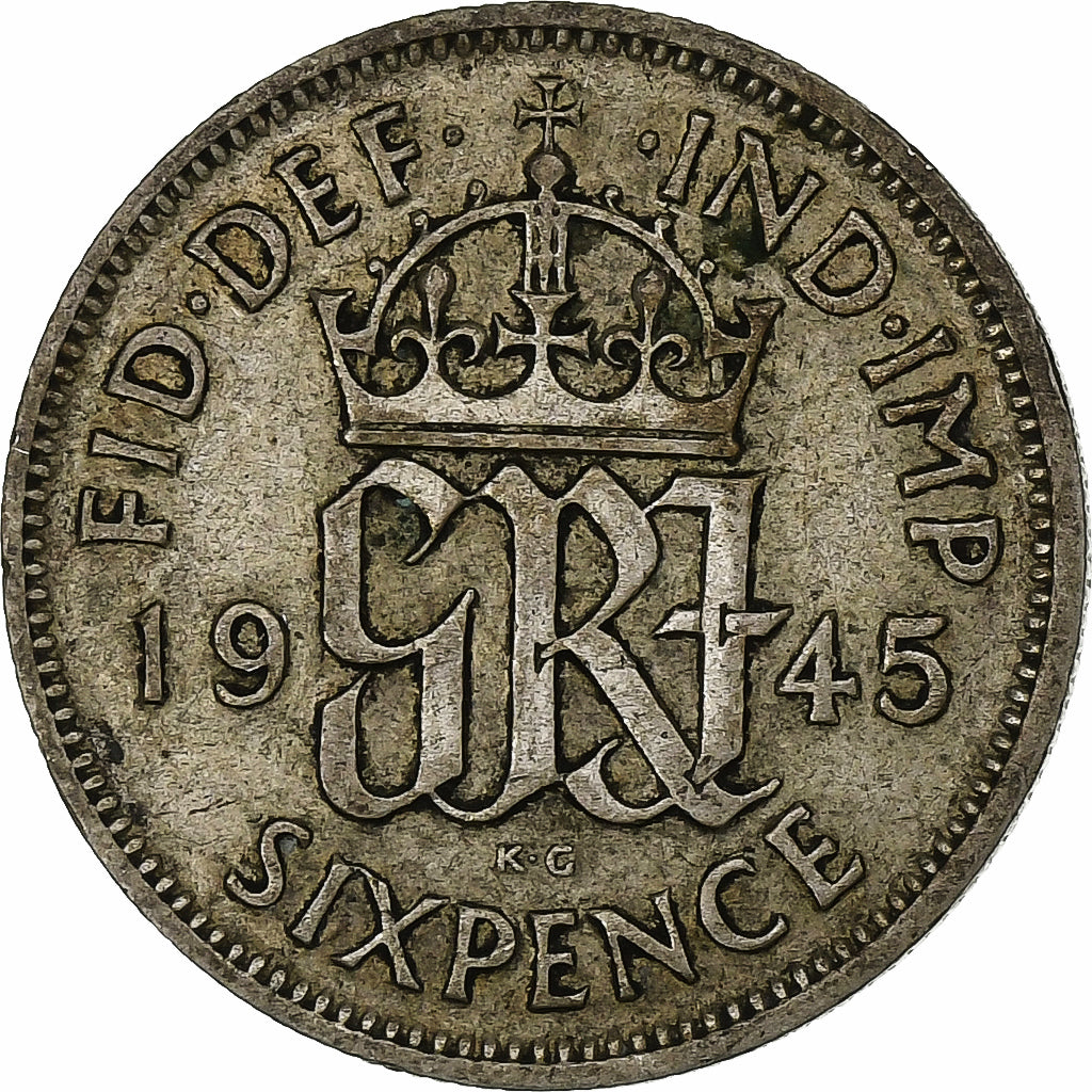 Grã-Bretanha, George VI, 6 Pence, 1945, British Royal Mint, Prata, VF(20-25)