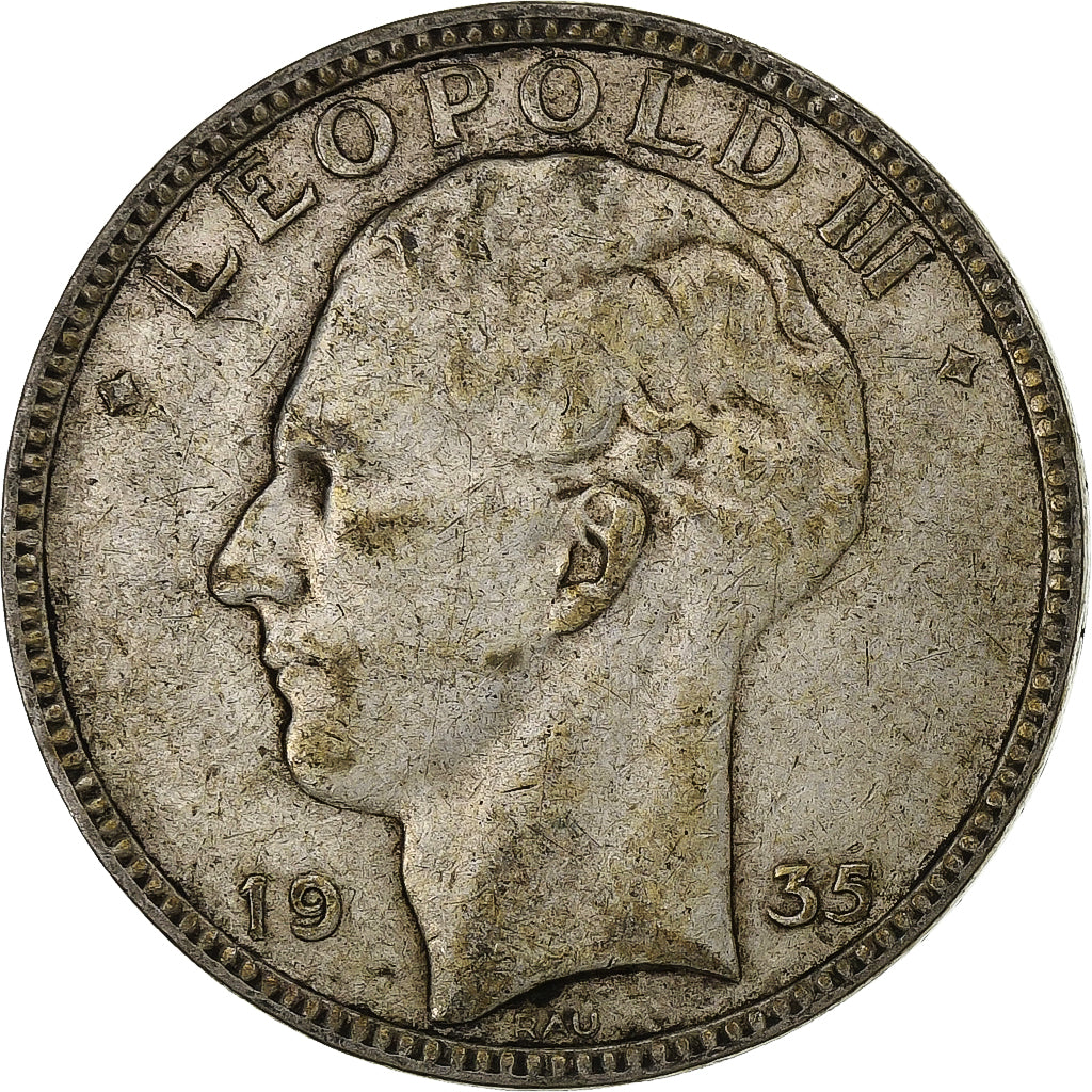 Bélgica, 20 Francs, 1935, Brussels, Plata, BC+