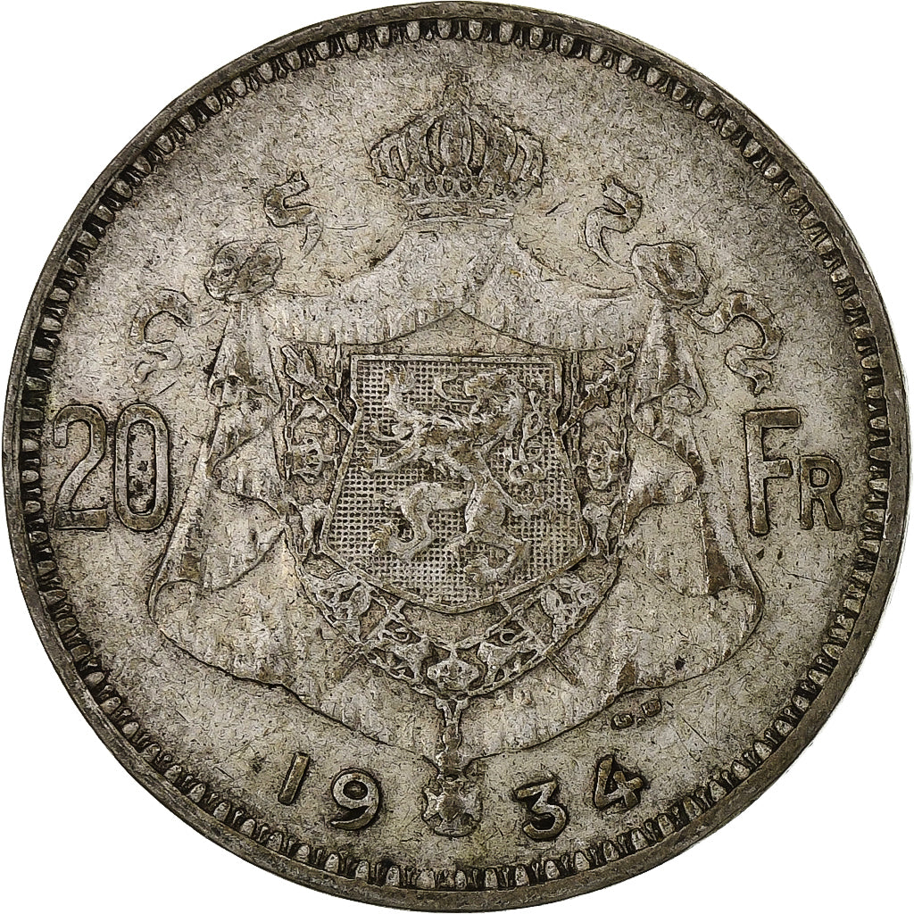 Belgia, 20 Francs, 1934, Brussels, Srebro, VF(20-25)
