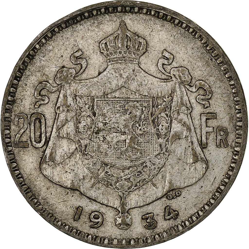 Belgium, 20 Francs, 1934, Brussels, Silver, VF(20-25)