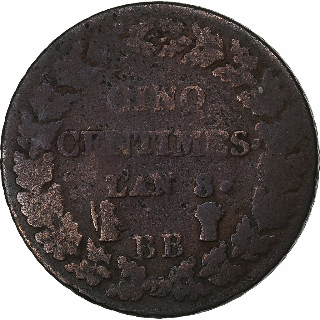 Francia, 5 Centimes, Dupré, AN 8, Strasbourg, Rame, MB