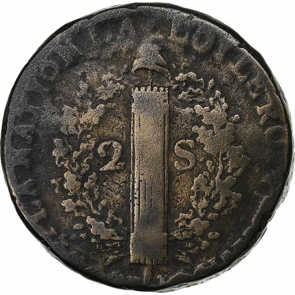 France, 2 sols François, 1792 / AN 4, Lille, Copper, VF(20-25)