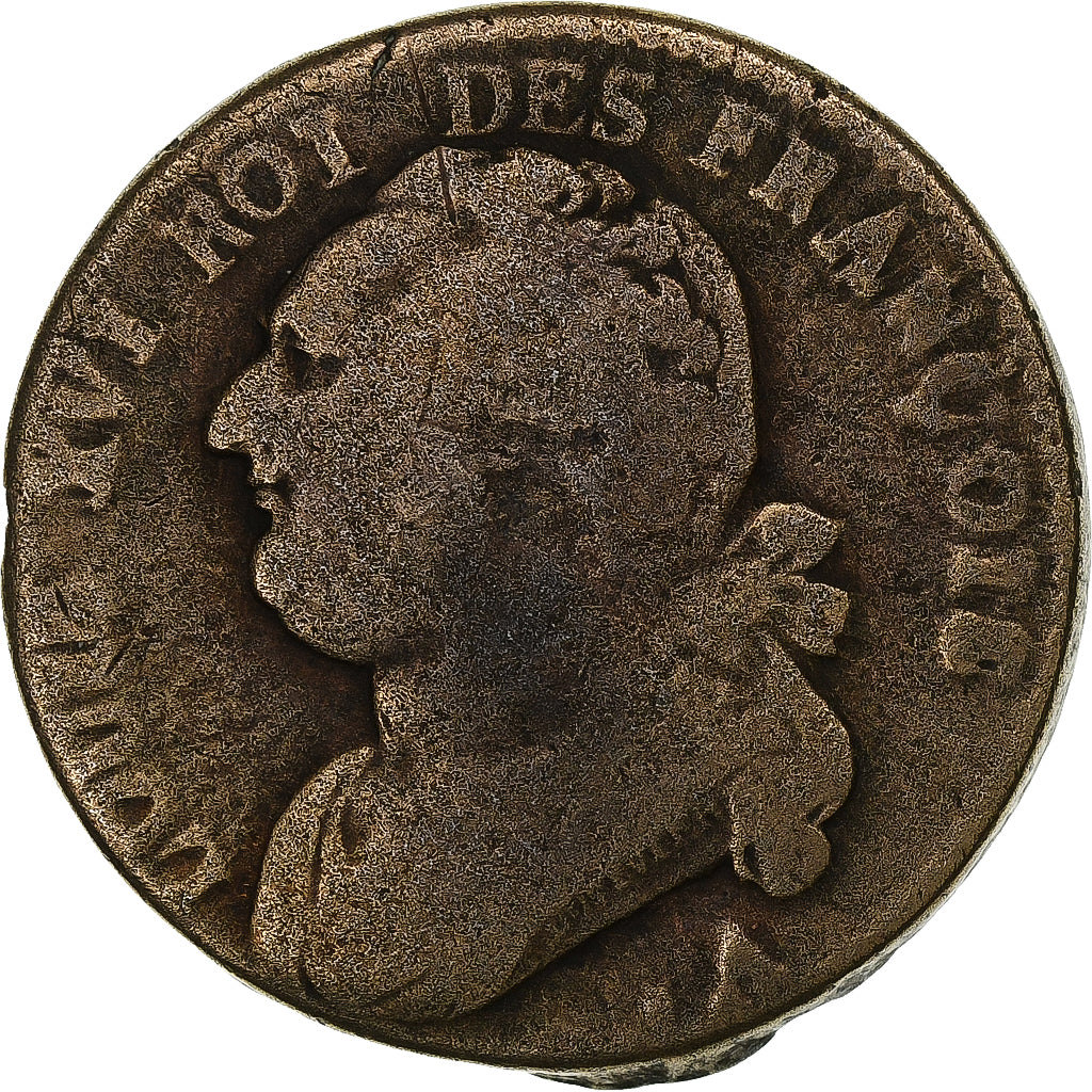 France, 12 deniers François, 1791 / AN 3, Paris, Copper, VF(20-25)