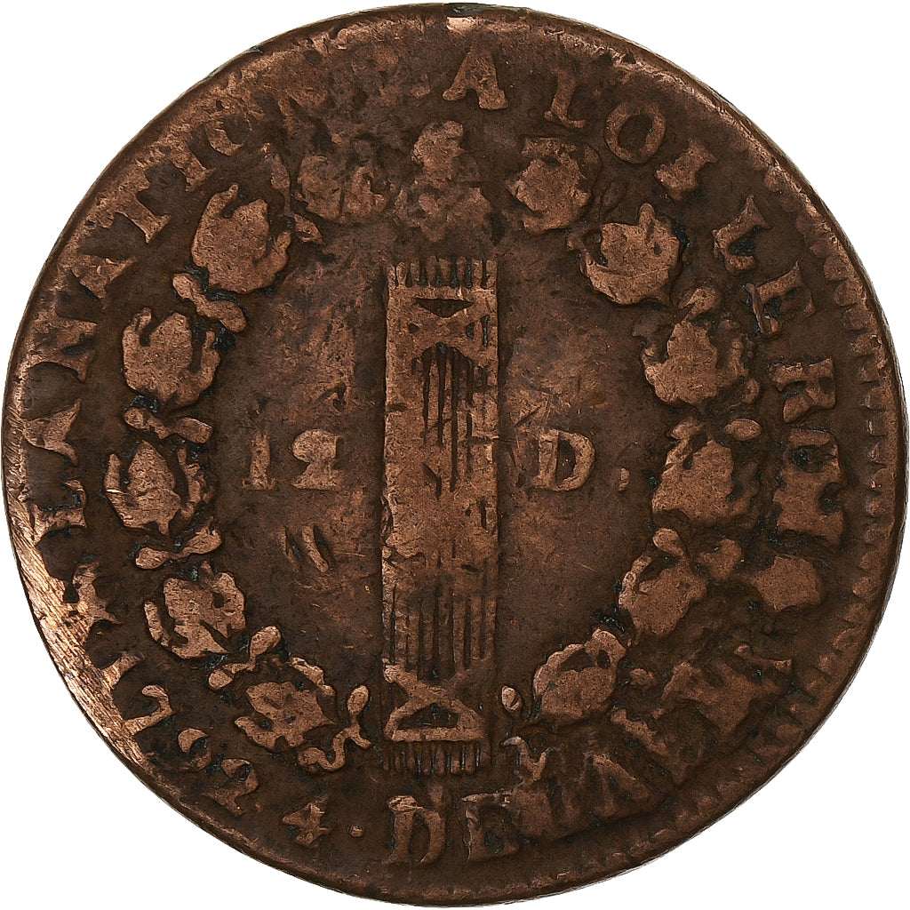 França, 12 deniers françois, 1792 / AN 4, Rouen, Cobre, VF(30-35)
