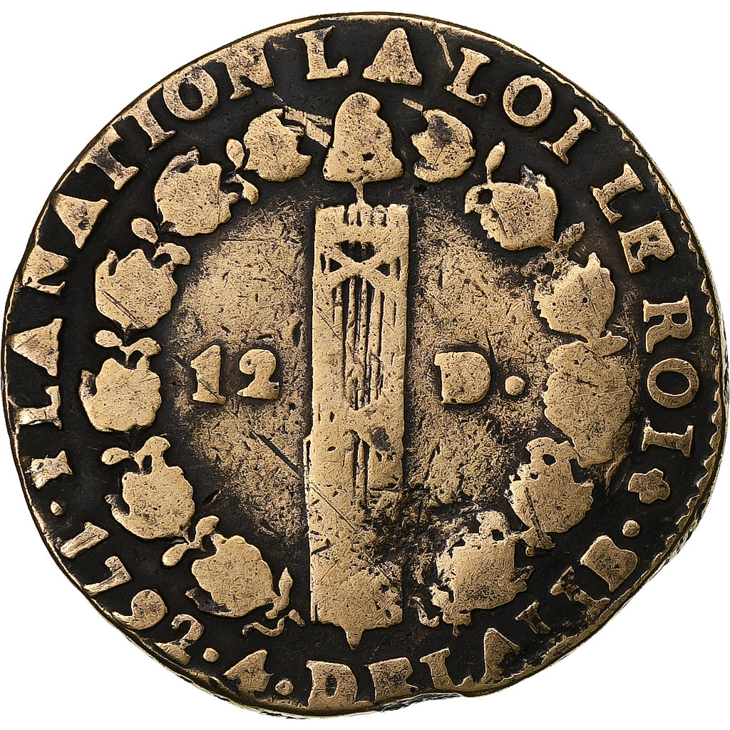 France, 12 deniers françois, 1792 / AN 4, Clermont-Ferrand, Copper, VF(20-25)