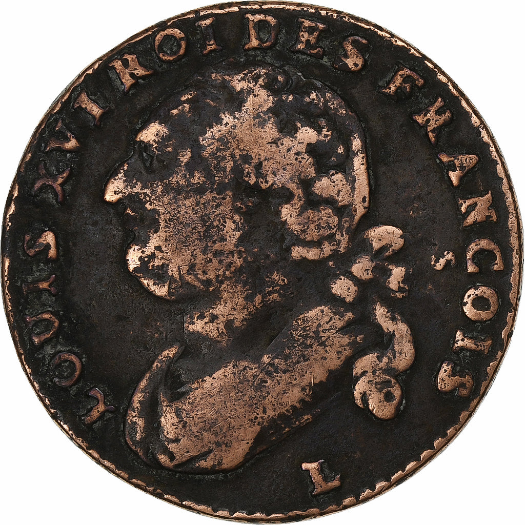 France, 12 deniers françois, 1792 / AN 4, Bayonne, Copper, VF(20-25)