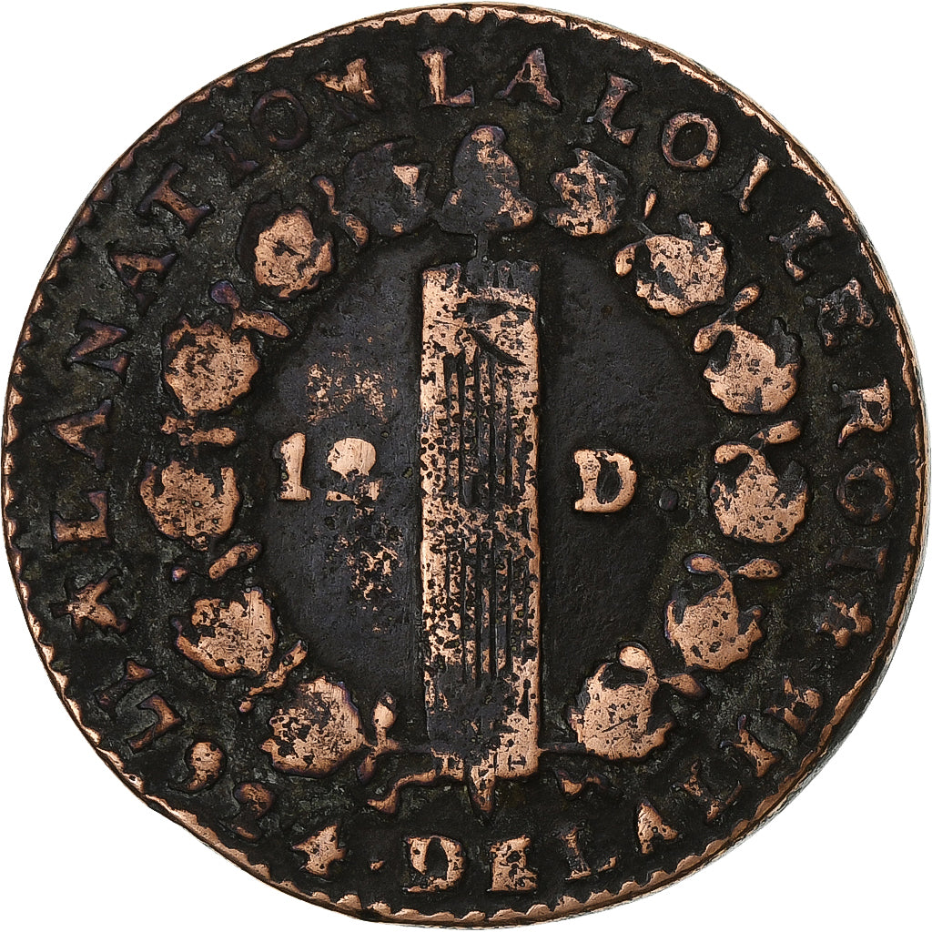France, 12 deniers françois, 1792 / AN 4, Bayonne, Copper, VF(20-25)
