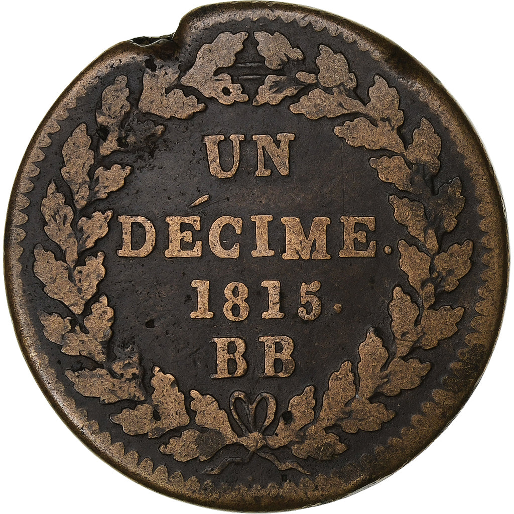 Francja, Louis XVIII, Decime, Dupré, 1815, Strasbourg, Miedź, VF(20-25)