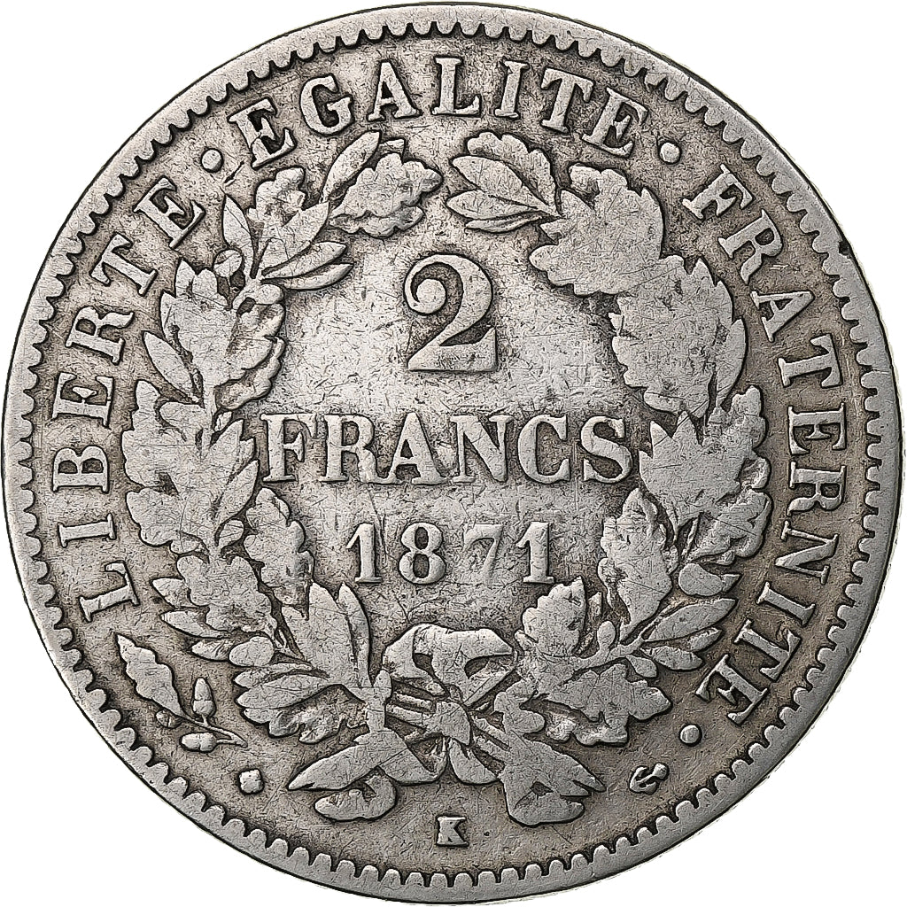 France, 2 Francs, Cérès, 1871, Bordeaux, Silver, VF(20-25)