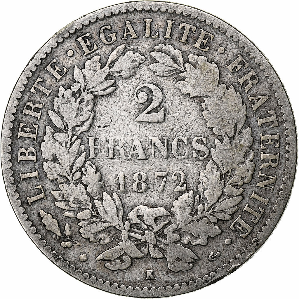 France, 2 Francs, Cérès, 1872, Bordeaux, Silver, VF(20-25)