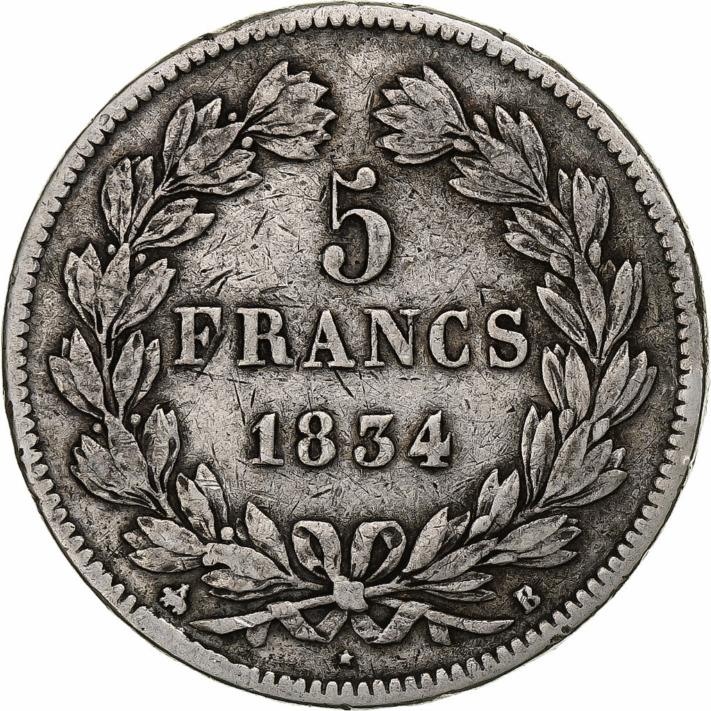 France, Louis-Philippe, 5 Francs, 1834, Rouen, Silver, VF(30-35)