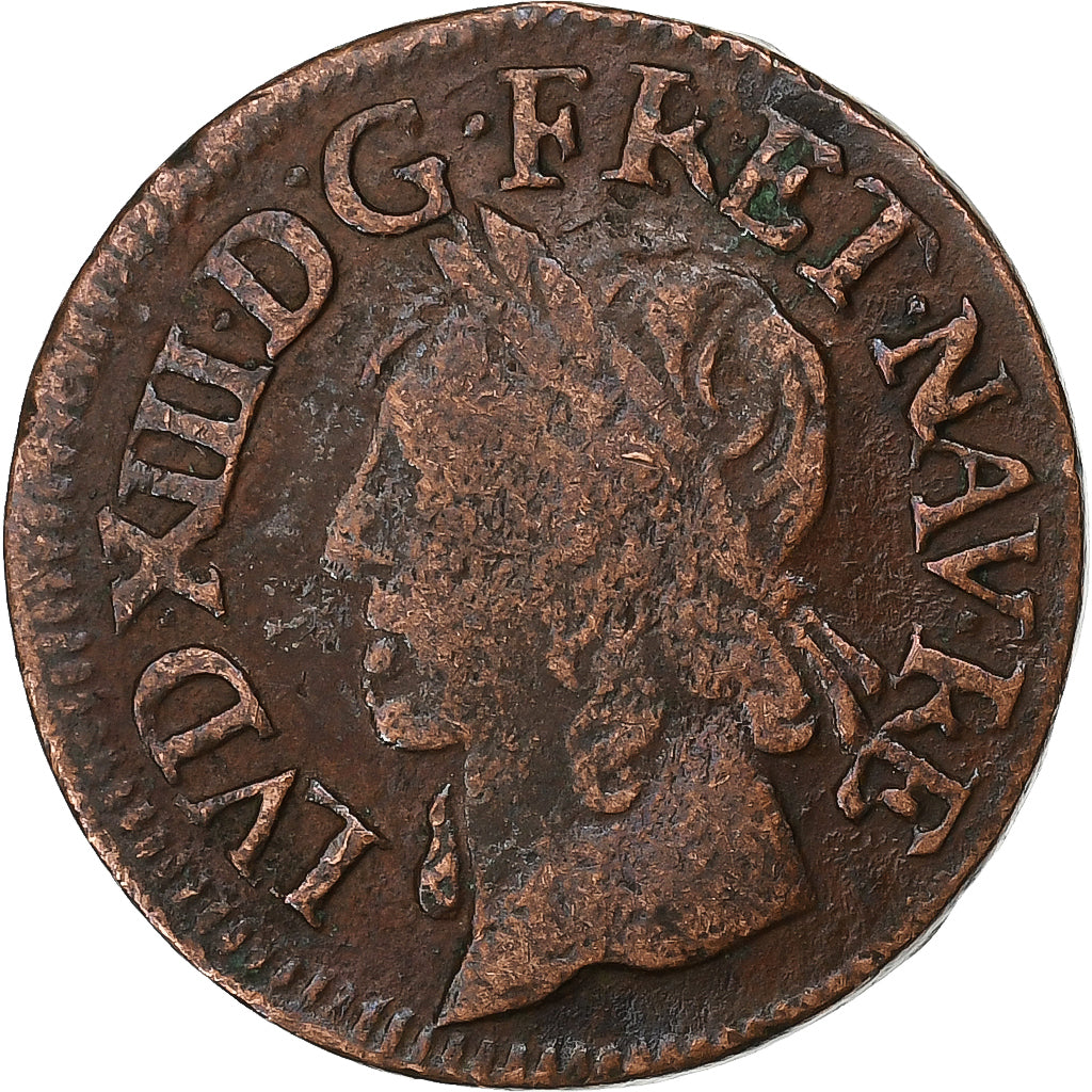 Frankrijk, Louis XIII, Double Tournois, 1643, Corbeil, Koper, FR+