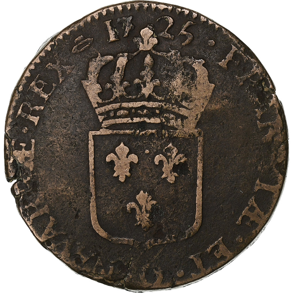 France, Louis XV, Sol, 1725, Perpignan, Copper, VF(20-25), Gadoury:276