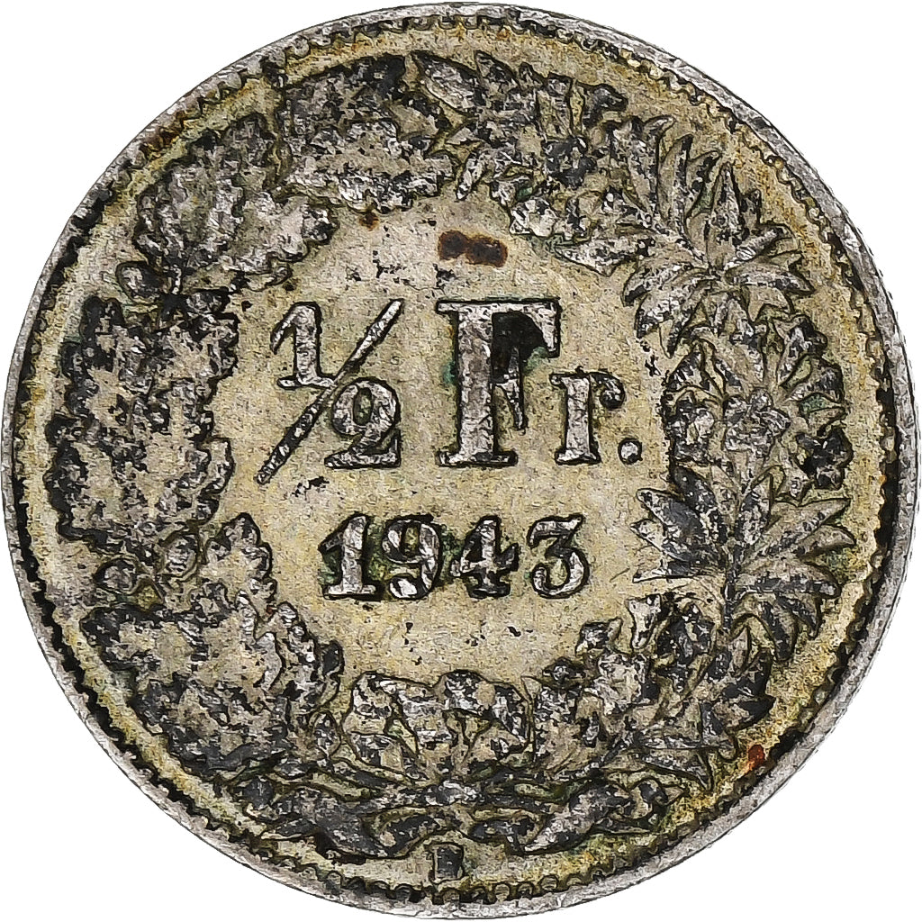 Switzerland, 1/2 Franc, 1943, Bern, Silver, VF(20-25)