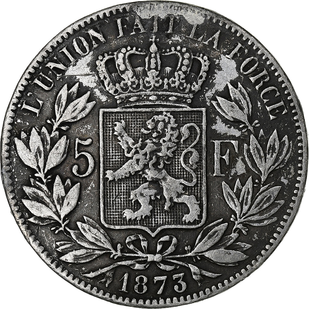 Bélgica, 5 Francs, 1873, Brussels, Plata, BC+