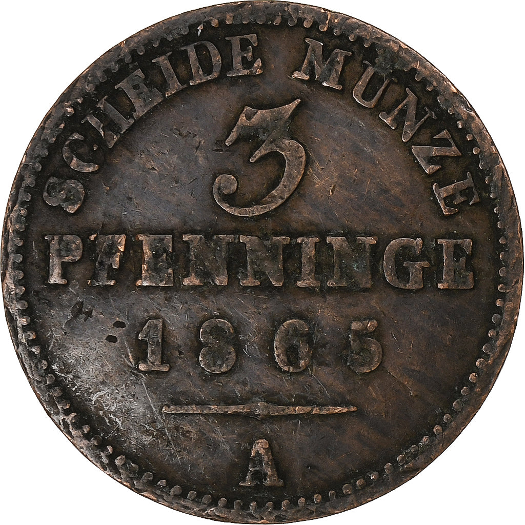 Prussia, Wilhelm I, 3 Pfennige, 1865, Berlin, Rame, MB