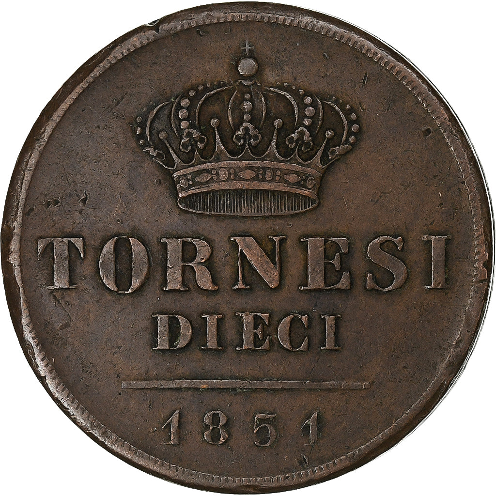 Kingdom of the Two Sicilies, Ferdinando II, 10 Tornesi, 1851, Copper, EF(40-45)