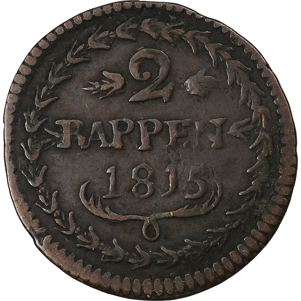 Swiss Cantons, Schwyz, 2 Rappen, 1815, Bern, Copper, VF(30-35)