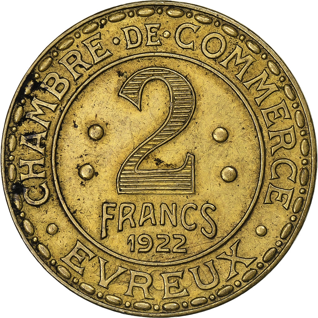 France, Chambre de commerce d'Evreux, 2 Francs, 1922, TTB, Laiton