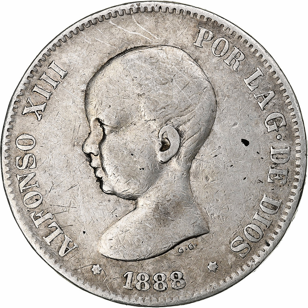 Spain, Alfonso XIII, 5 Pesetas, 1888, Madrid, Silver, VF(20-25)