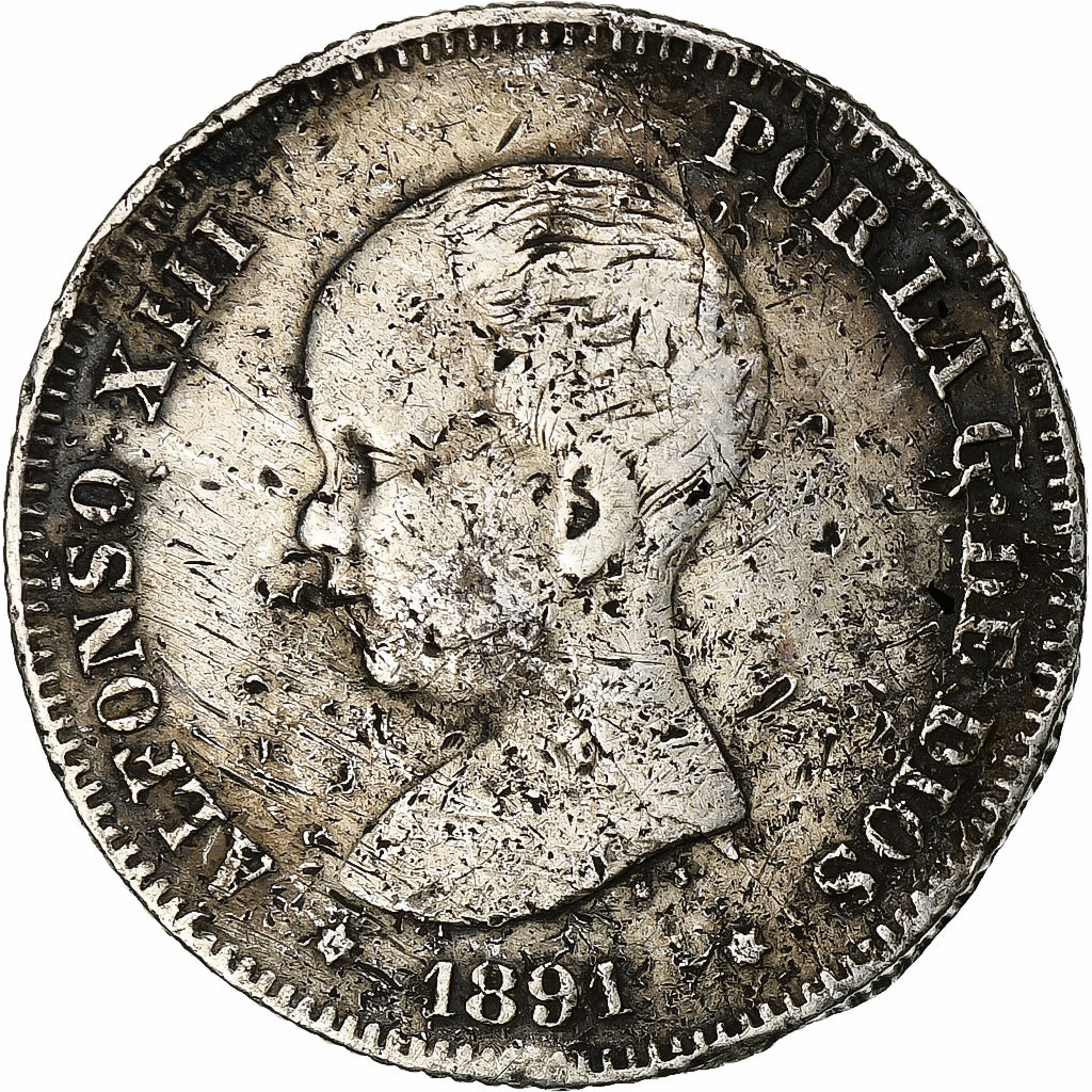 España, Alfonso XIII, 2 Pesetas, 1891, Madrid, Plata, BC+