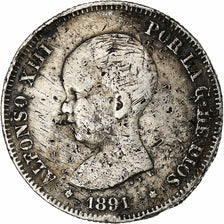 España, Alfonso XIII, 2 Pesetas, 1891, Madrid, Plata, BC+