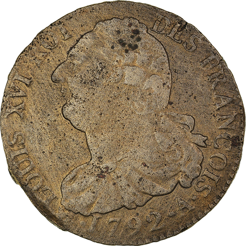 Munten, Frankrijk, Louis XVI, 2 Sols, 1792, Paris, FR+, Bronzen, KM:603.1