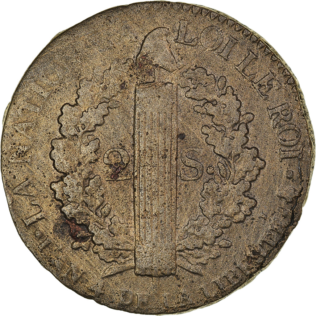 Munten, Frankrijk, Louis XVI, 2 Sols, 1792, Paris, FR+, Bronzen, KM:603.1