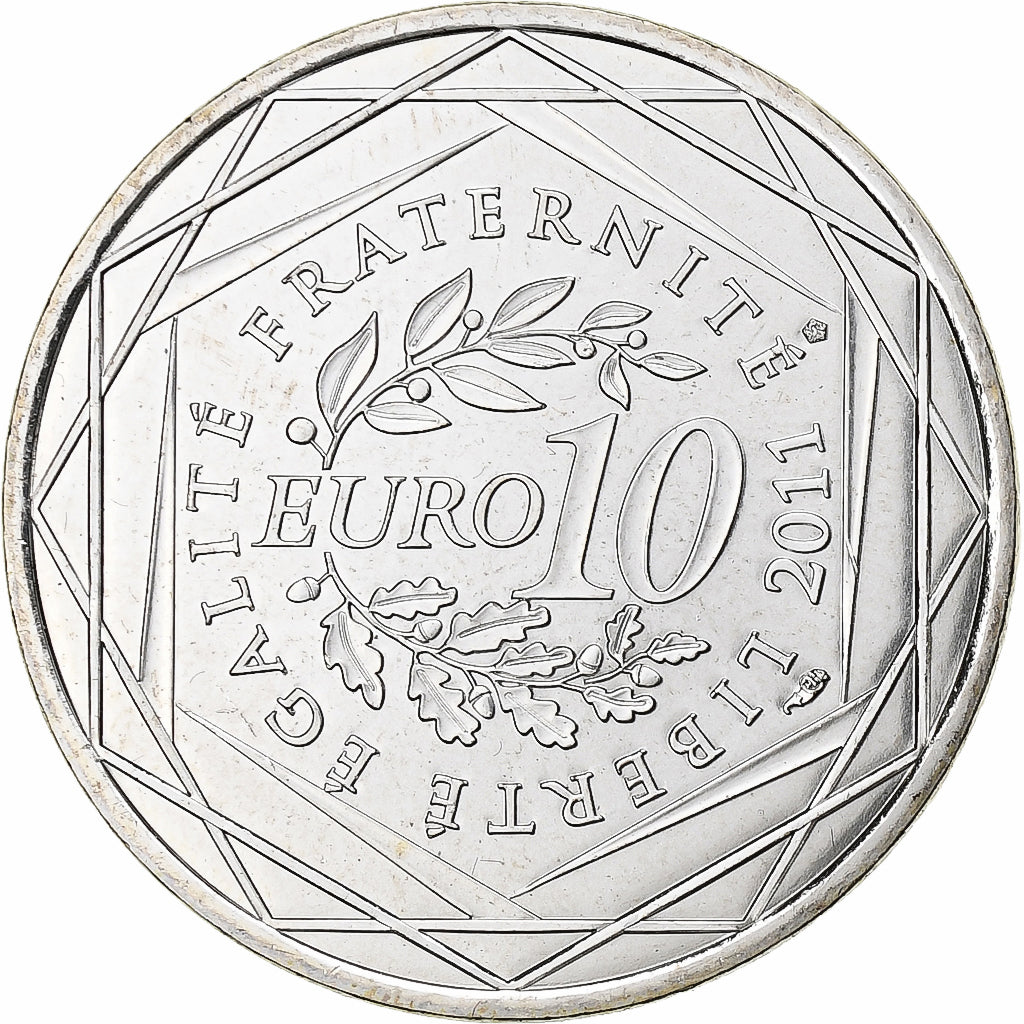 França, 10 Euro, Réunion, 2011, Pessac, Prata, MS(63)