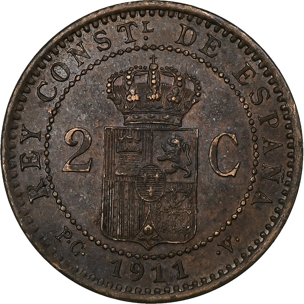 Spain, Alfonso XIII, 2 Centimos, 1911, Madrid, Bronze, AU(50-53)