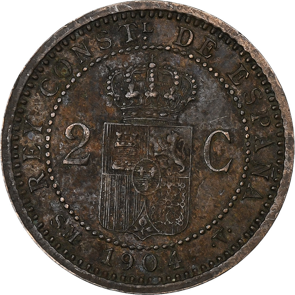 Espanha, Alfonso XIII, 2 Centimos, 1904, Madrid, Bronze, EF(40-45)
