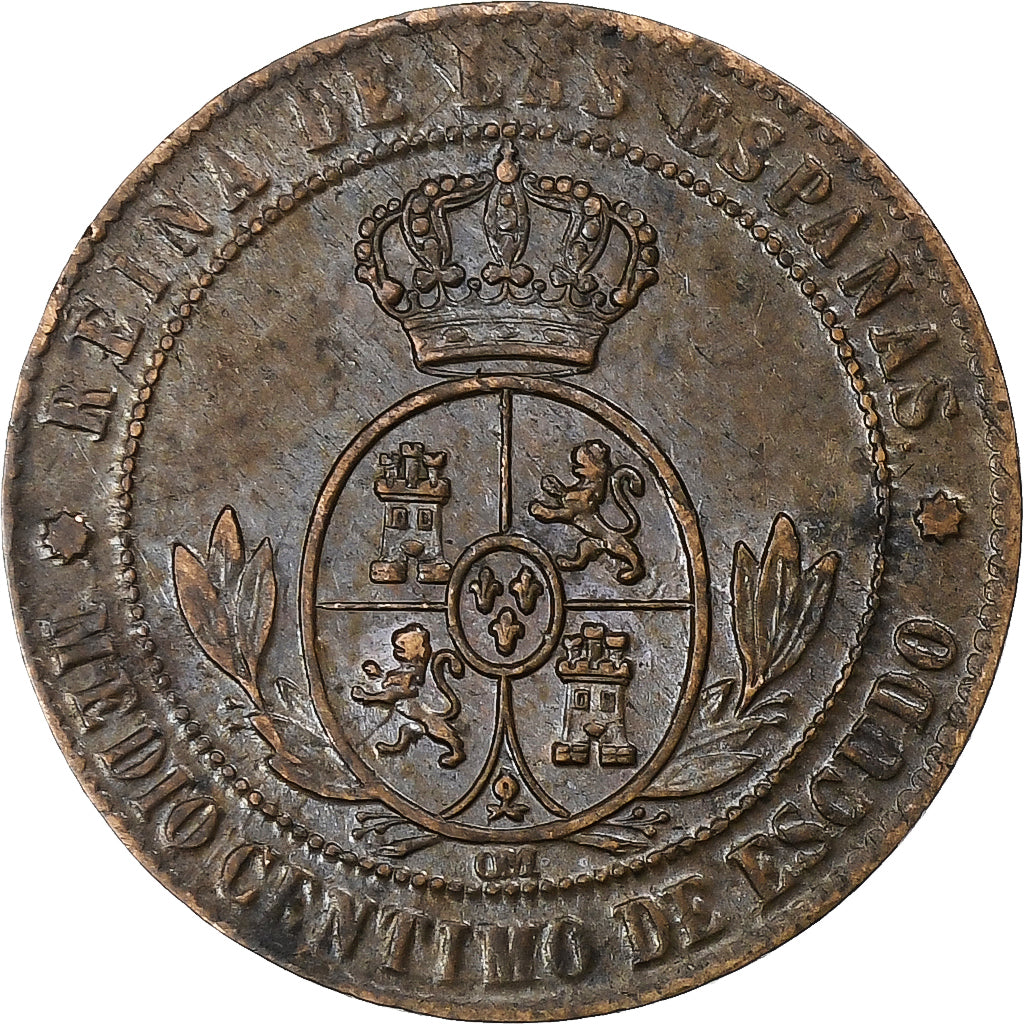 Spanje, Isabel II, 1/2 Centimo, 1867, Madrid, Bronzen, ZF+