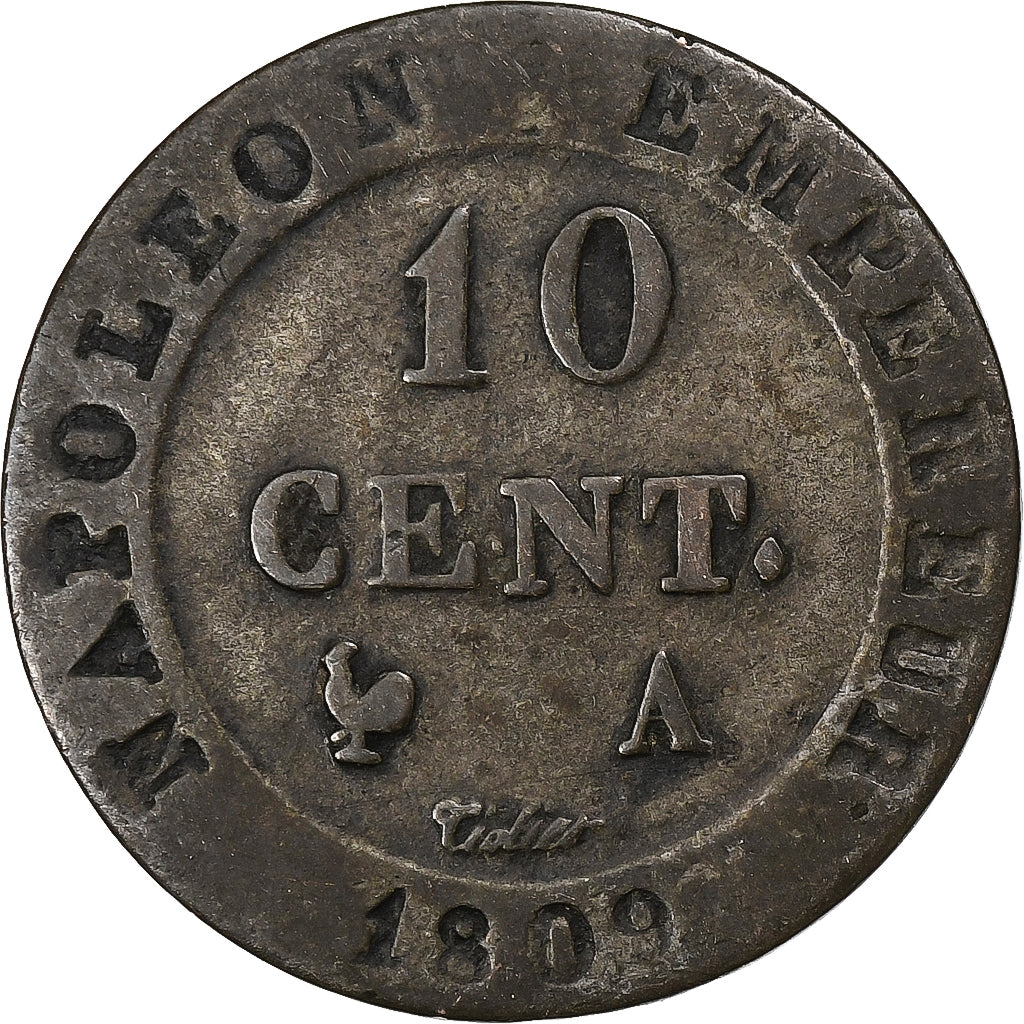 France, Napoleon I, 10 Centimes, 1809, Paris, Billon, VF(20-25)