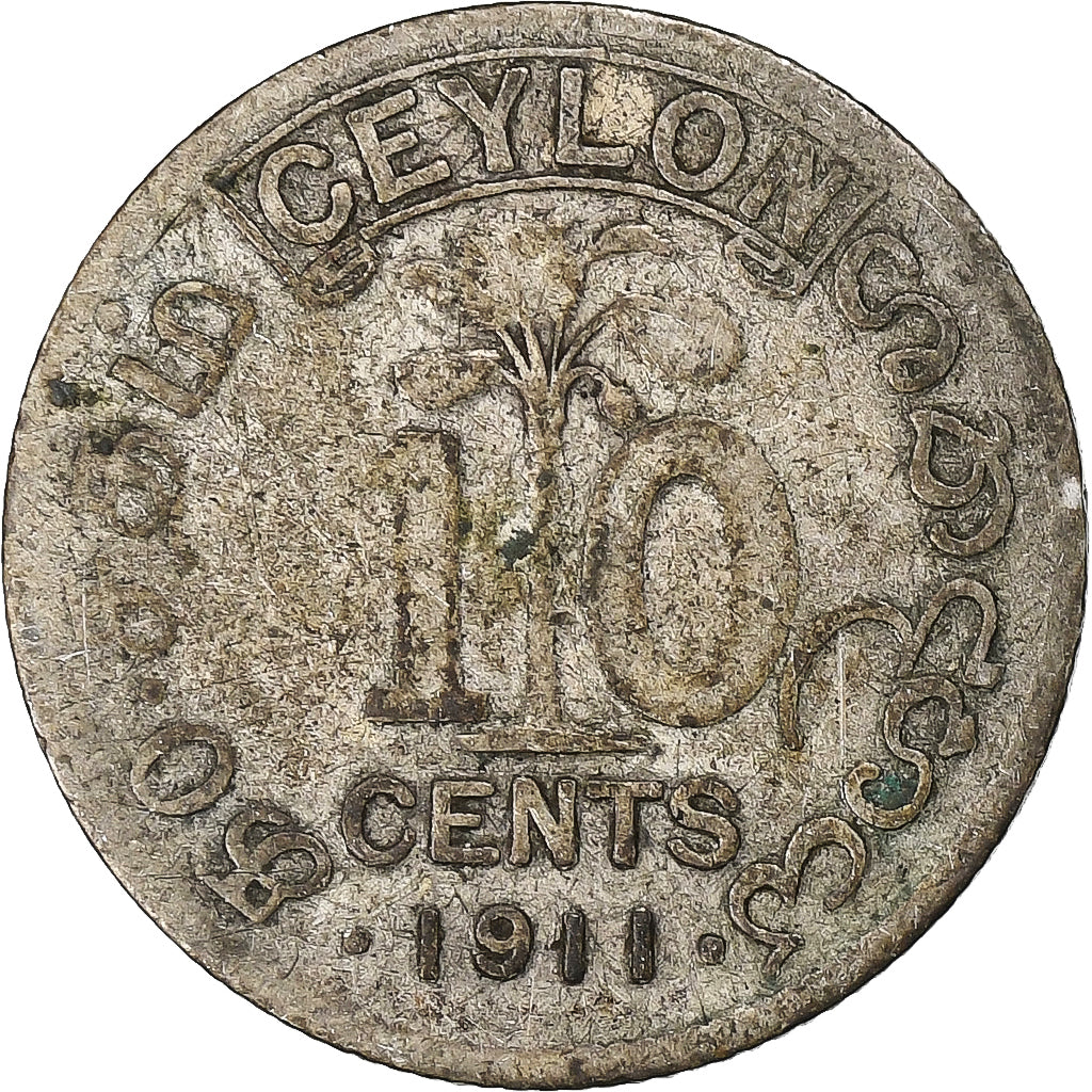 Ceilão, George V, 10 Cents, 1911, London, Prata, VF(20-25)