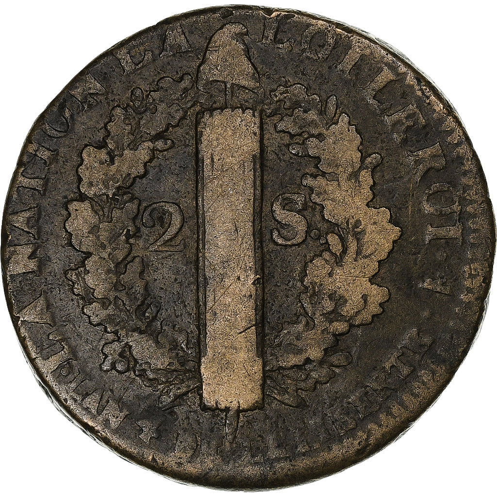 França, Louis XVI, 2 sols François, 1792 / AN 4, Lille, Cobre, VF(20-25)
