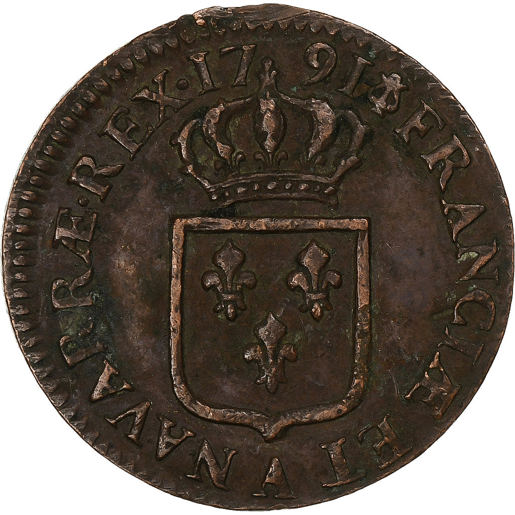 France, Louis XVI, Sol, 1791, Paris, Copper, VF(30-35)