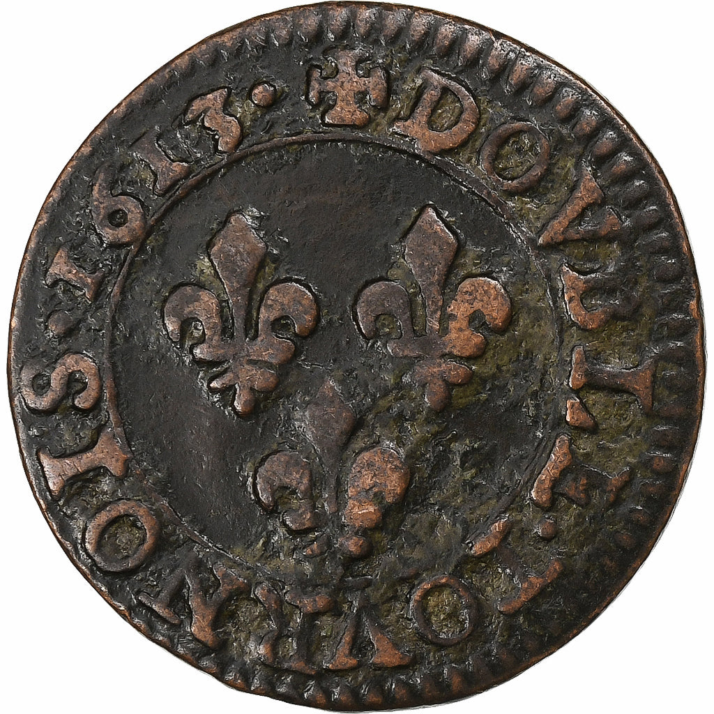 Francia, Louis XIII, Double Tournois, 1613, Paris, Cobre, BC+