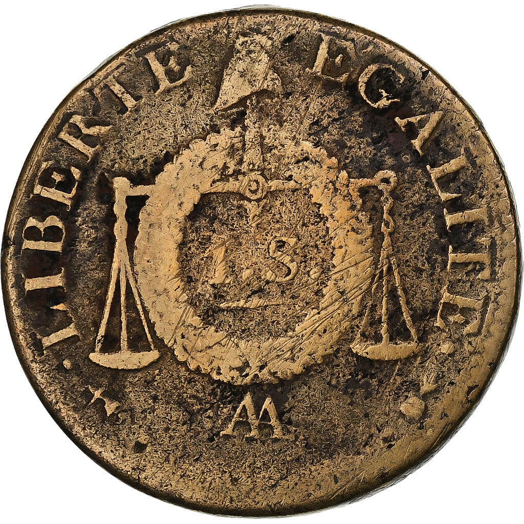 France, Sol à la balance Françoise, AN II, Metz, Copper, VF(20-25), Gadoury:21