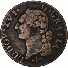France, Louis XVI, Sol, 1791, Lyon, Copper, VF(20-25)