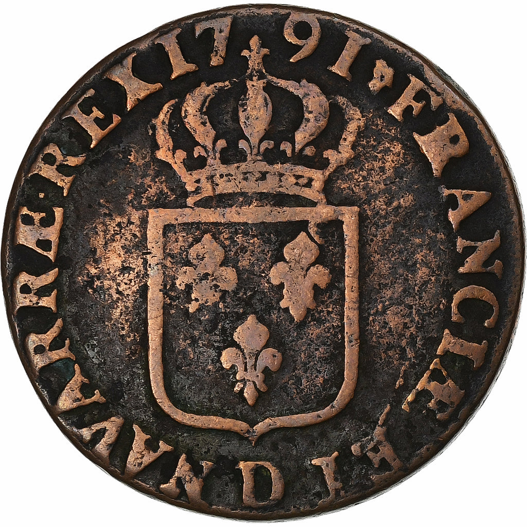 France, Louis XVI, Sol, 1791, Lyon, Copper, VF(20-25)