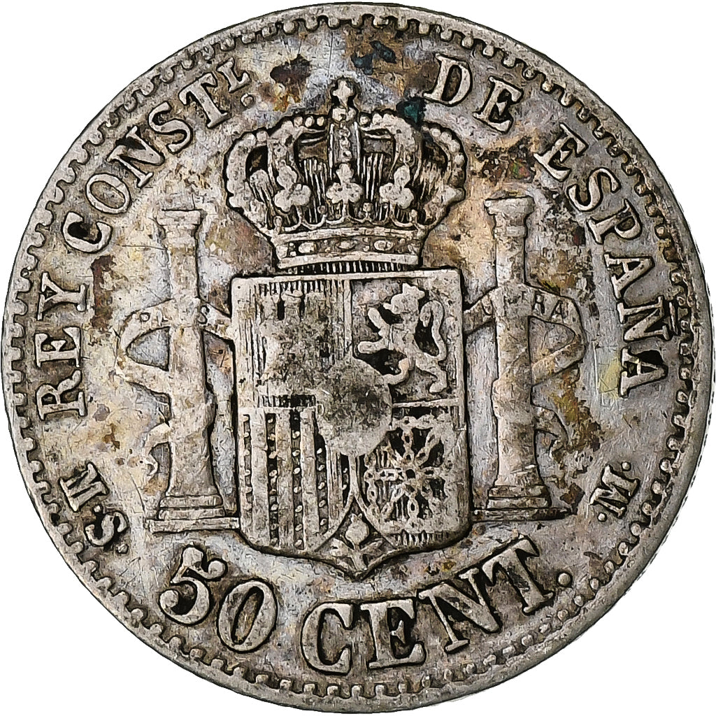 Espanha, Alfonso XII, 50 Centimos, 1880, Madrid, Prata, VF(30-35)