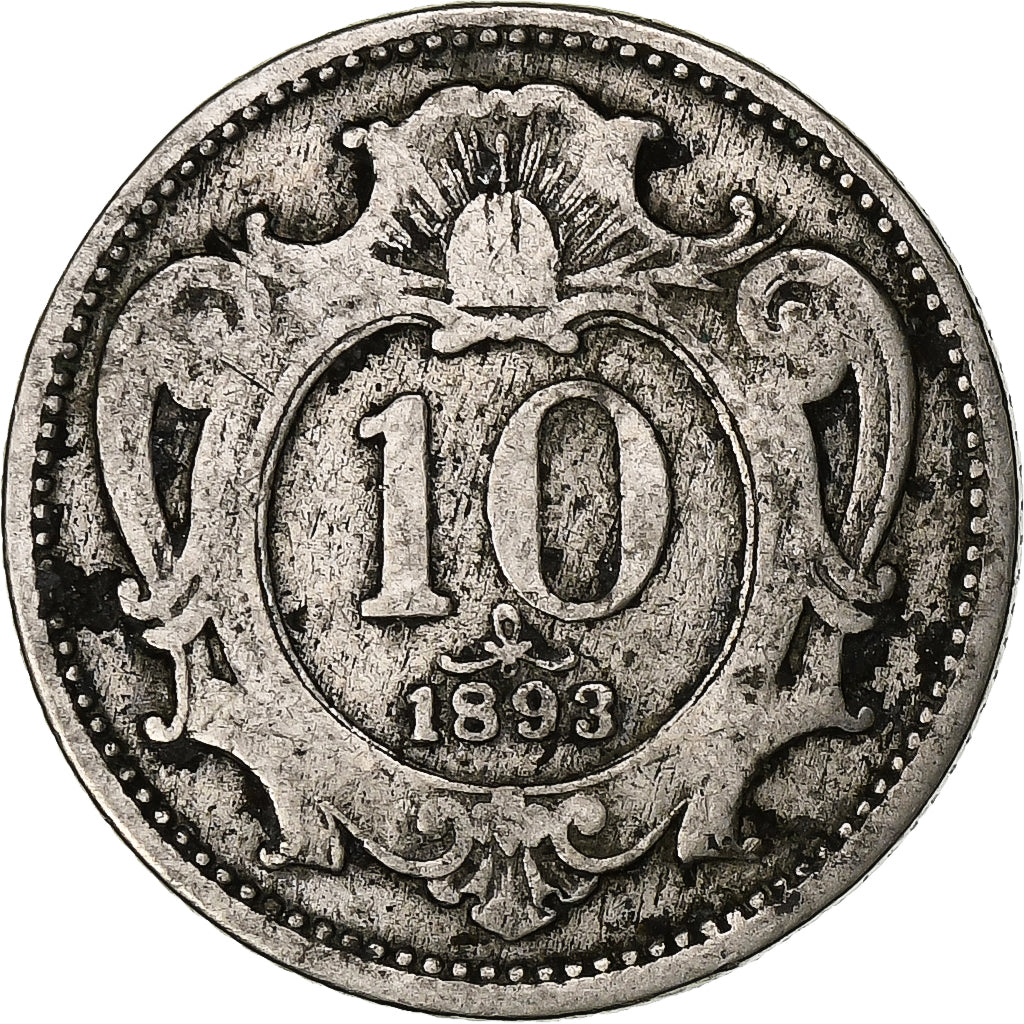Austria, Franz Joseph I, 10 Heller, 1893, Vienna, Nikiel, VF(20-25)