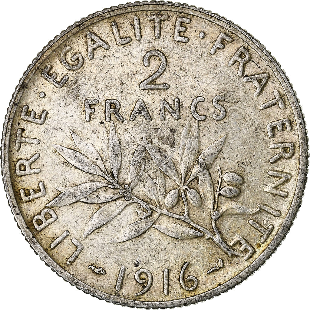 France, 2 Francs, Semeuse, 1916, Paris, Silver, VF(30-35)