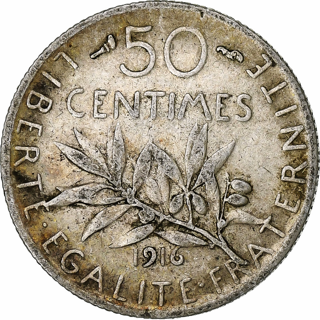 France, 50 Centimes, Semeuse, 1916, Paris, Silver, VF(20-25)