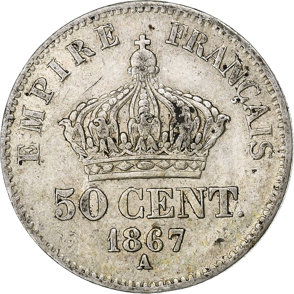 France, Napoleon III, 50 Centimes, 1867, Paris, Silver, EF(40-45)