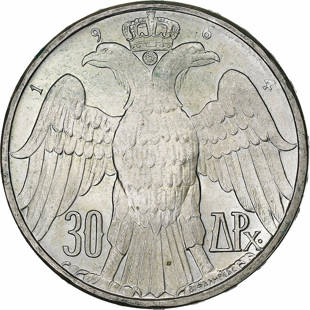 Grèce, Constantin II, 30 Drachmai, 1964, Bern, Argent, SUP