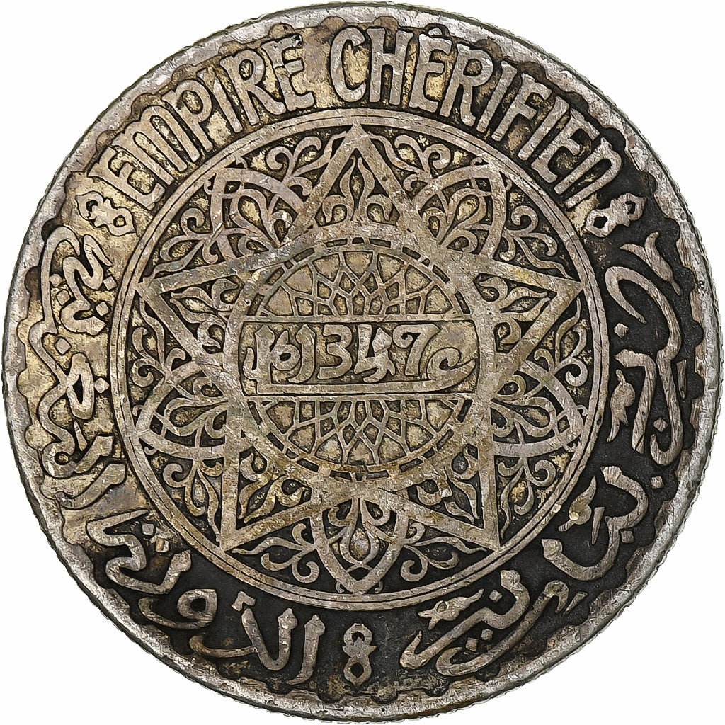 Marokko, Mohammed V, 10 Francs, 1928/AH1347, Paris, Zilver, FR+